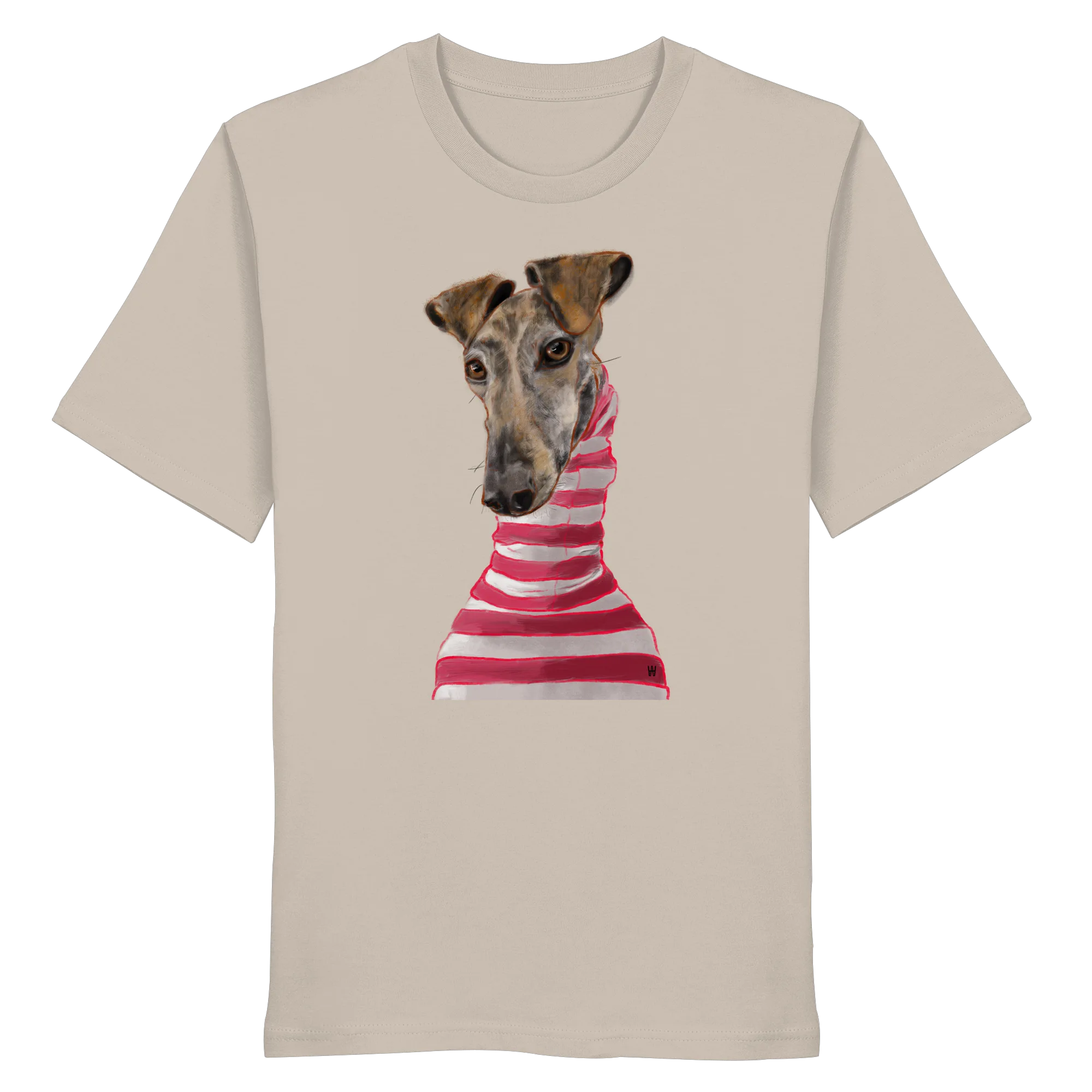 Handgezeichnete Galgo-Illustration Stilvoll auf einem Bio-T-Shirt in Sandbeige