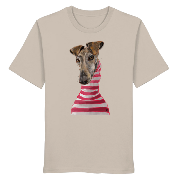Handgezeichnete Galgo-Illustration Stilvoll auf einem Bio-T-Shirt in Sandbeige