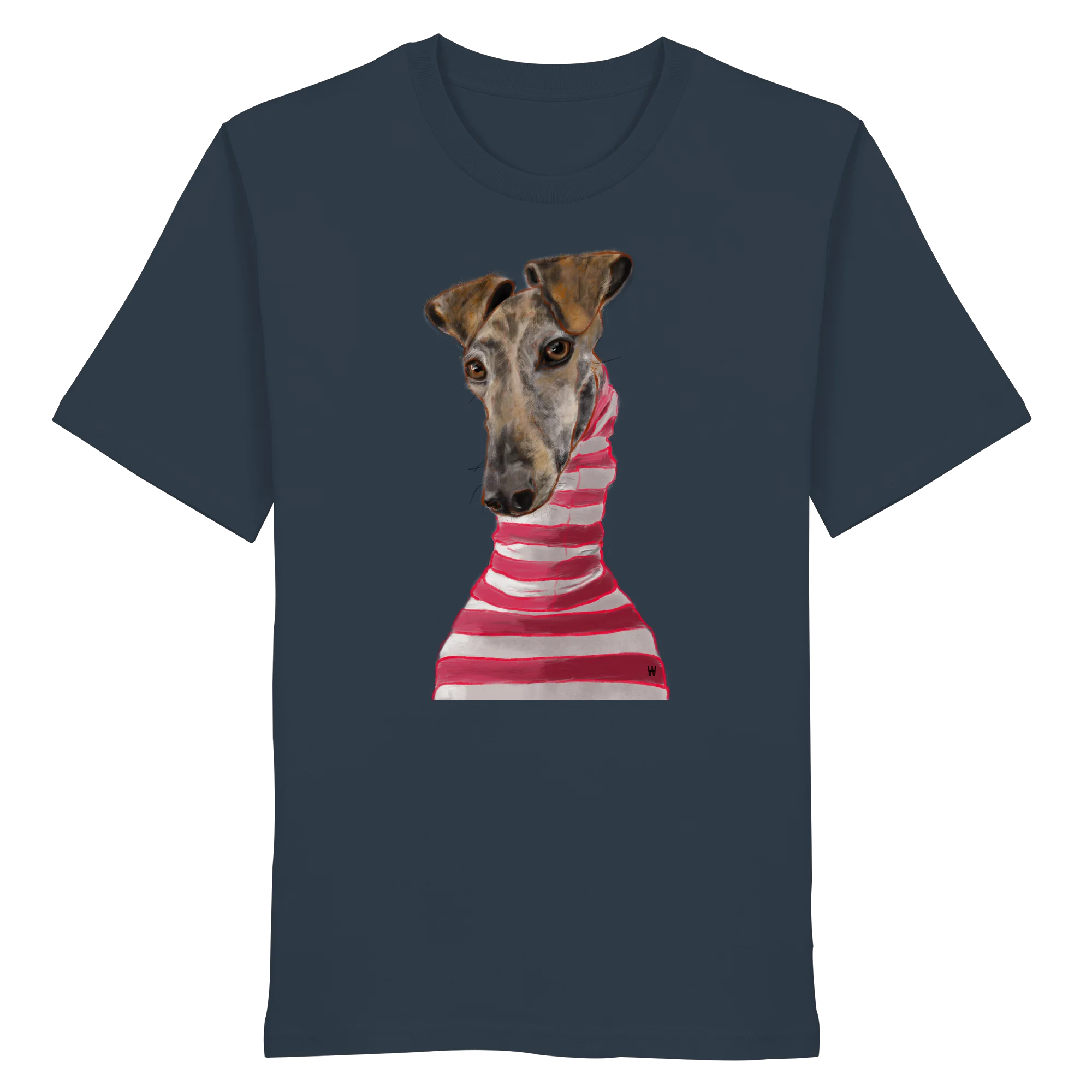 Handgezeichnete Galgo-Illustration Stilvoll auf einem Bio-T-Shirt in Graublau