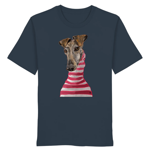 Handgezeichnete Galgo-Illustration Stilvoll auf einem Bio-T-Shirt in Graublau