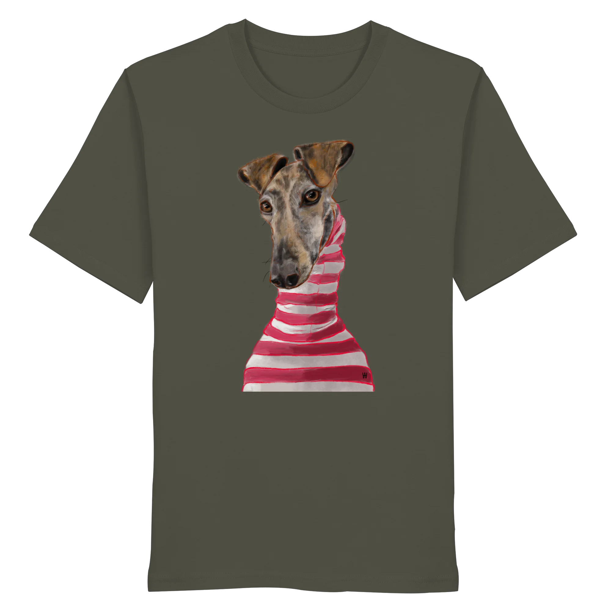 Handgezeichnete Galgo-Illustration Stilvoll auf einem Bio-T-Shirt in Khaki