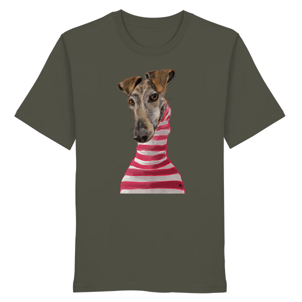Handgezeichnete Galgo-Illustration Stilvoll auf einem Bio-T-Shirt in Khaki