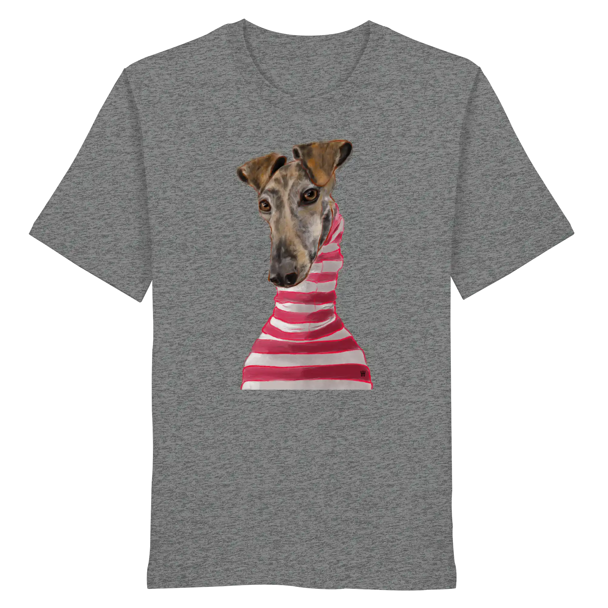 Handgezeichnete Galgo-Illustration Stilvoll auf einem Bio-T-Shirt in Mittelgrau meliert
