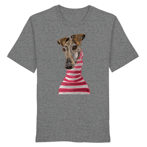 Handgezeichnete Galgo-Illustration Stilvoll auf einem Bio-T-Shirt in Mittelgrau meliert