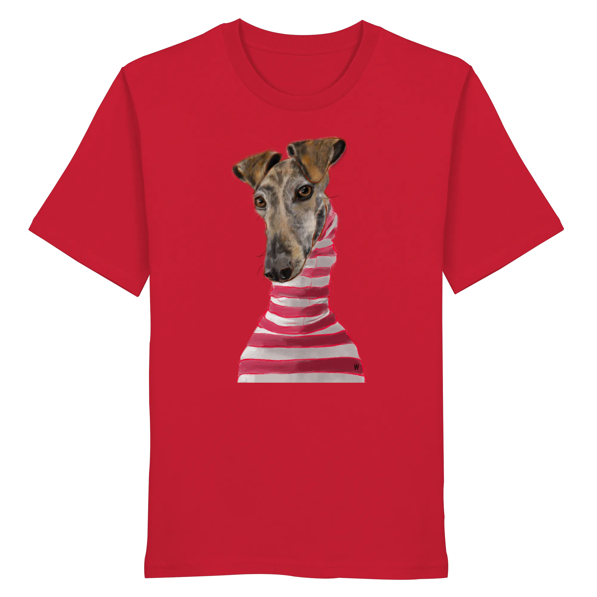 Handgezeichnete Galgo-Illustration Stilvoll auf einem Bio-T-Shirt in Rot