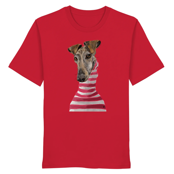 Handgezeichnete Galgo-Illustration Stilvoll auf einem Bio-T-Shirt in Rot