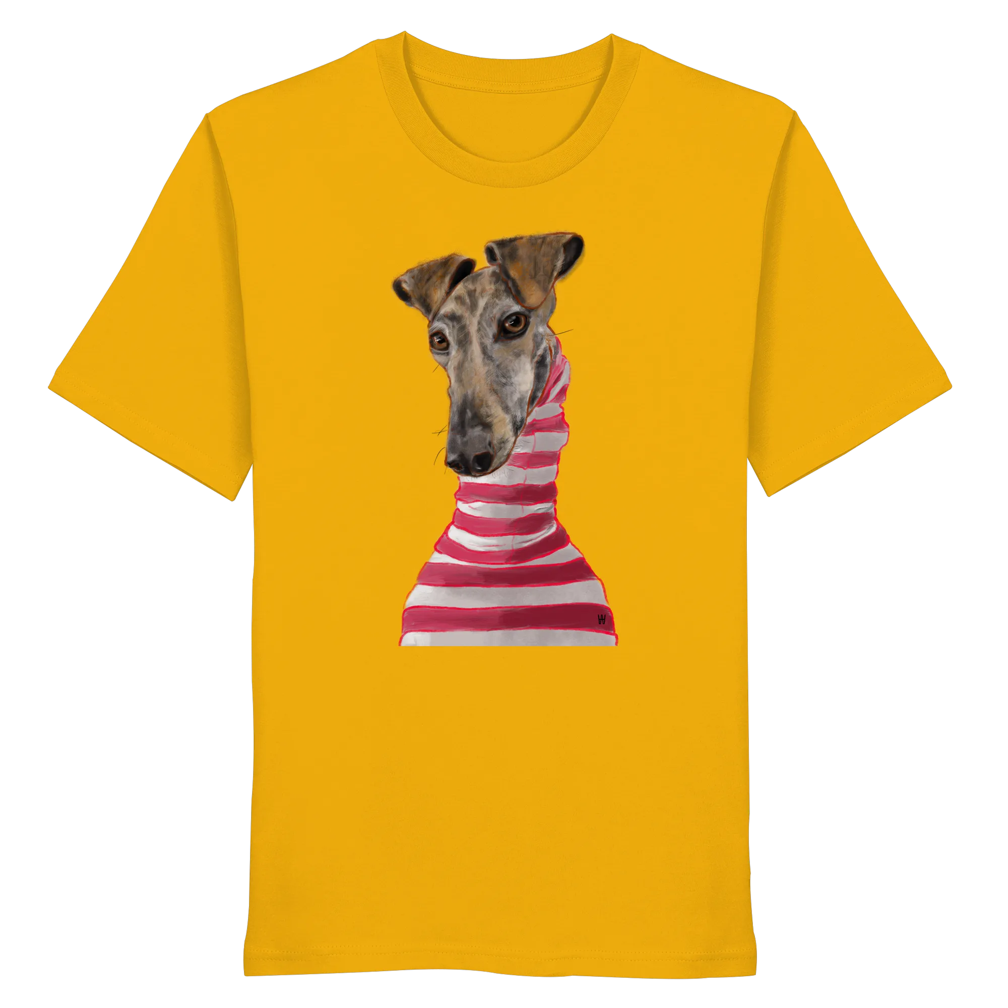 Handgezeichnete Galgo-Illustration Stilvoll auf einem Bio-T-Shirt in Gelb
