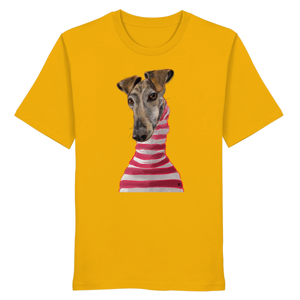 Handgezeichnete Galgo-Illustration Stilvoll auf einem Bio-T-Shirt in Gelb