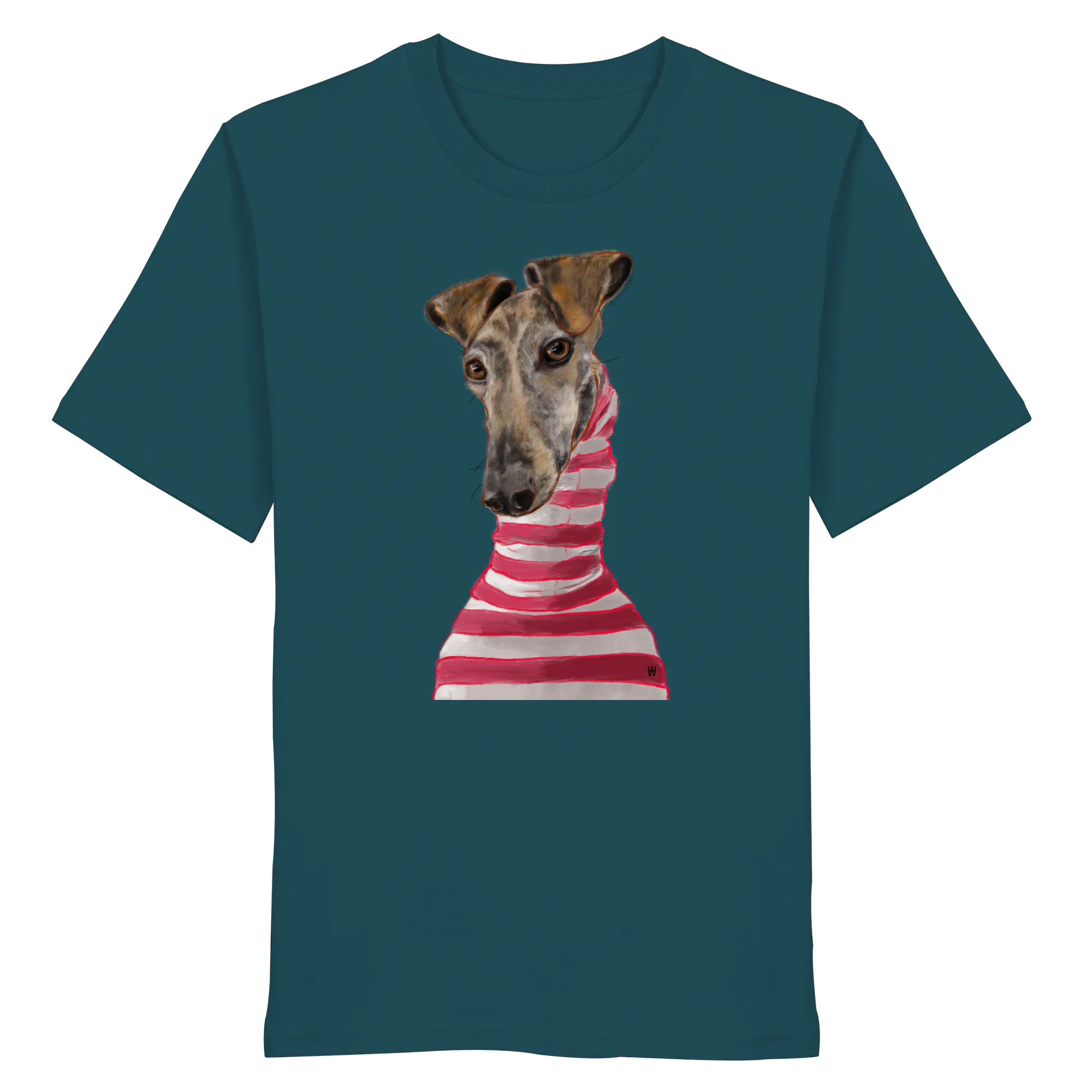 Handgezeichnete Galgo-Illustration Stilvoll auf einem Bio-T-Shirt in Petrol