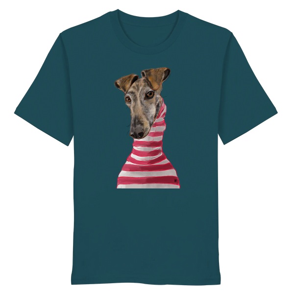 Handgezeichnete Galgo-Illustration Stilvoll auf einem Bio-T-Shirt in Petrol