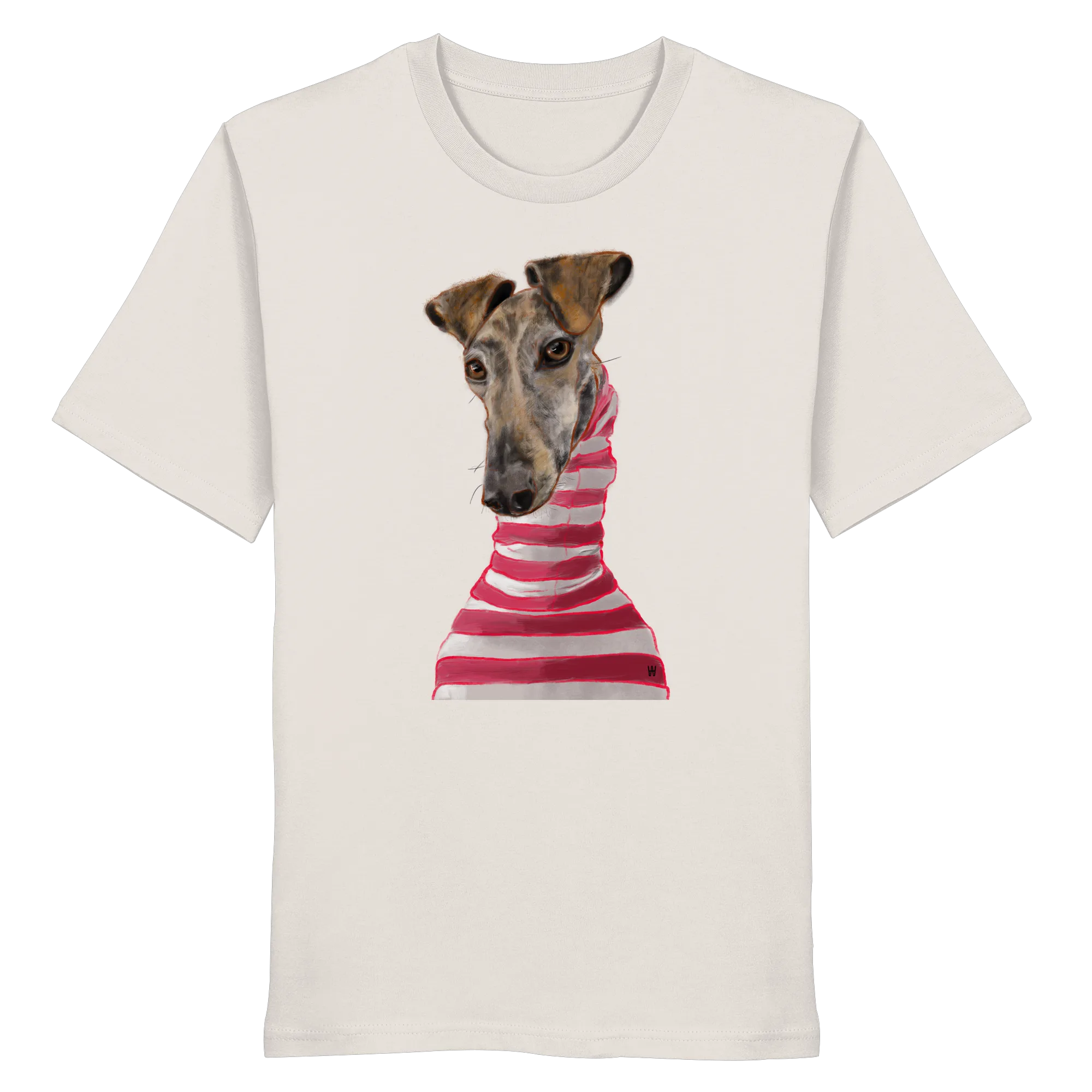 Handgezeichnete Galgo-Illustration Stilvoll auf einem Bio-T-Shirt in Altweiß