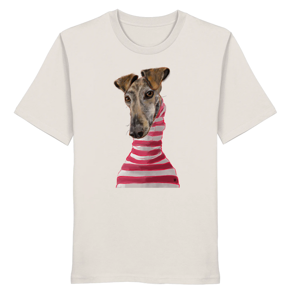 Handgezeichnete Galgo-Illustration Stilvoll auf einem Bio-T-Shirt in Altweiß