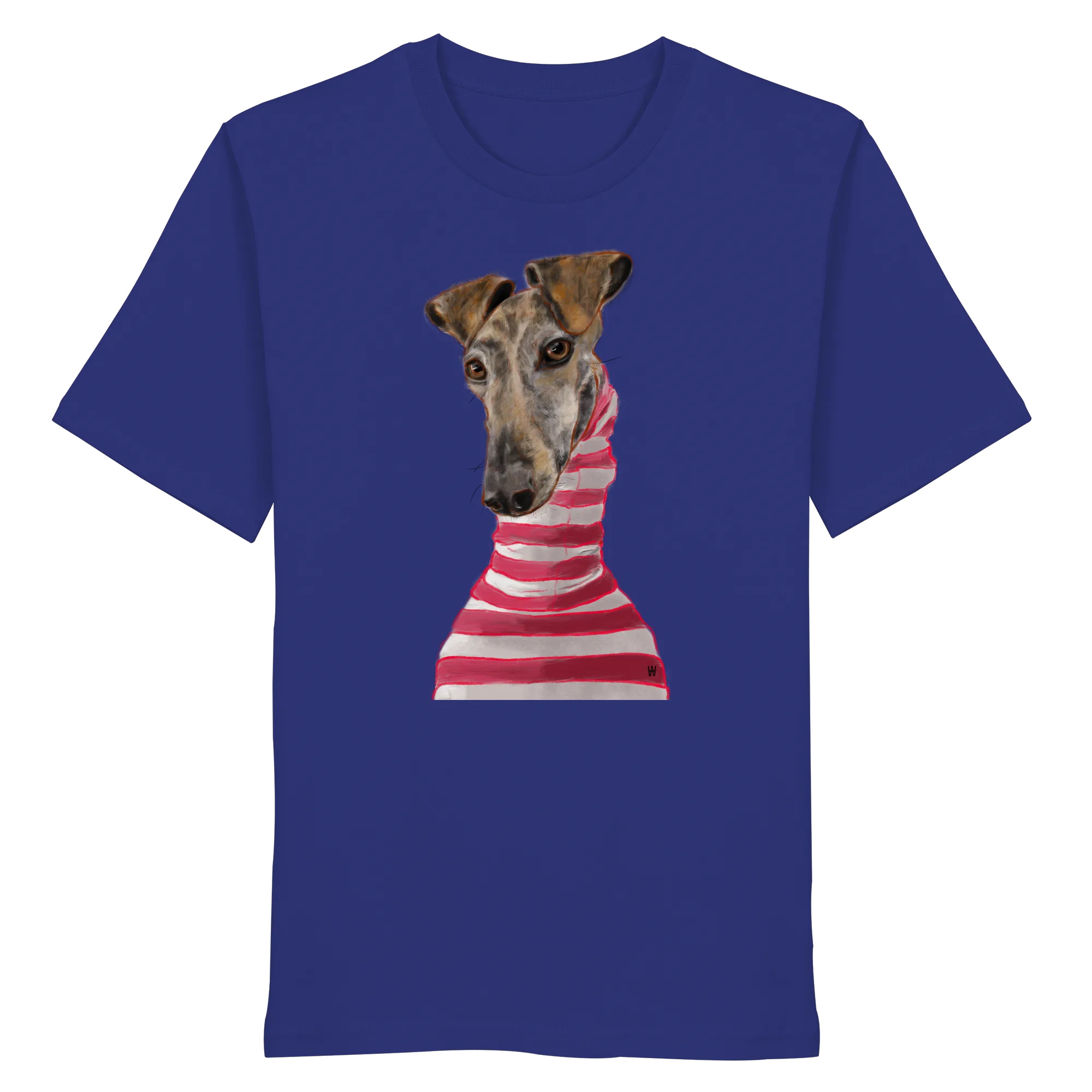 Handgezeichnete Galgo-Illustration Stilvoll auf einem Bio-T-Shirt in Ultramarinblau