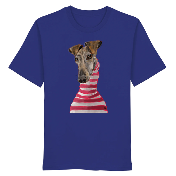 Handgezeichnete Galgo-Illustration Stilvoll auf einem Bio-T-Shirt in Ultramarinblau