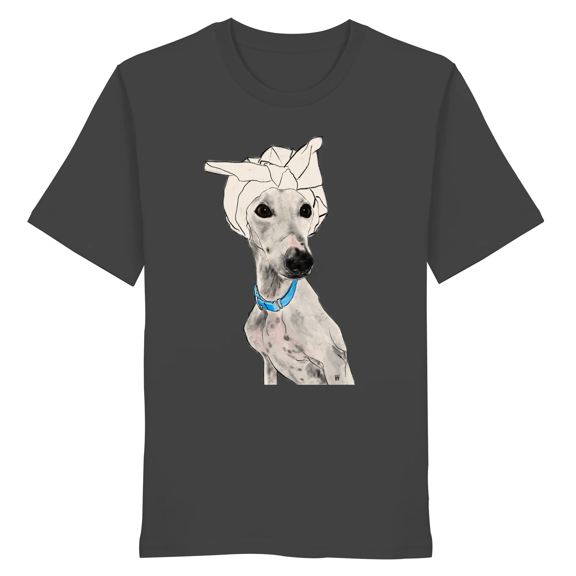 Handgezeichnetes Galgo-Motiv Zugewandt auf einem Bio-T-Shirt in Anthrazit