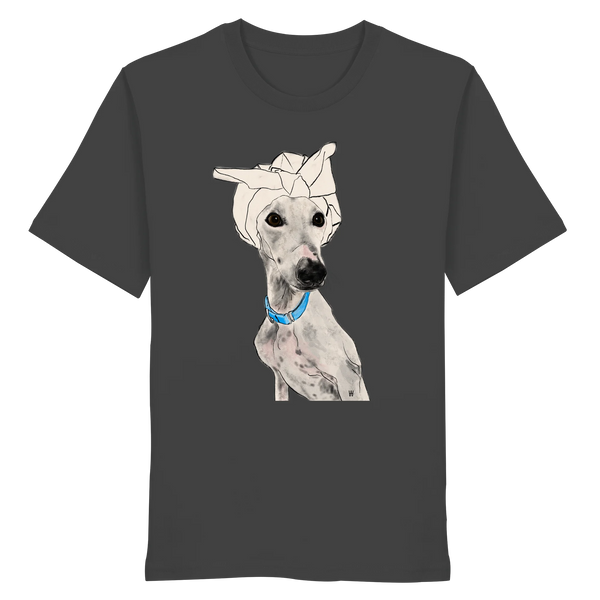 Handgezeichnetes Galgo-Motiv Zugewandt auf einem Bio-T-Shirt in Anthrazit