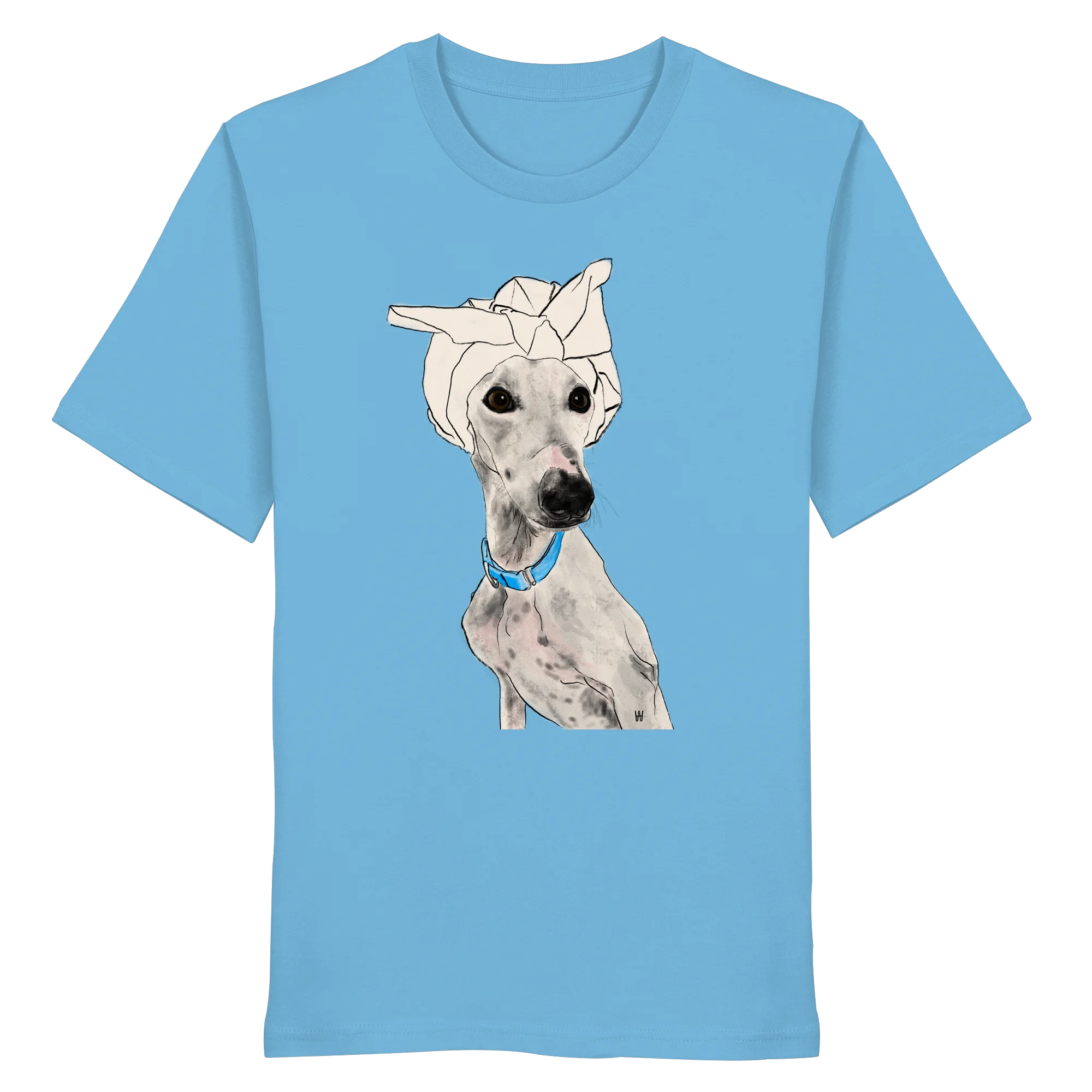 Handgezeichnetes Galgo-Motiv Zugewandt auf einem Bio-T-Shirt in Wasserblau