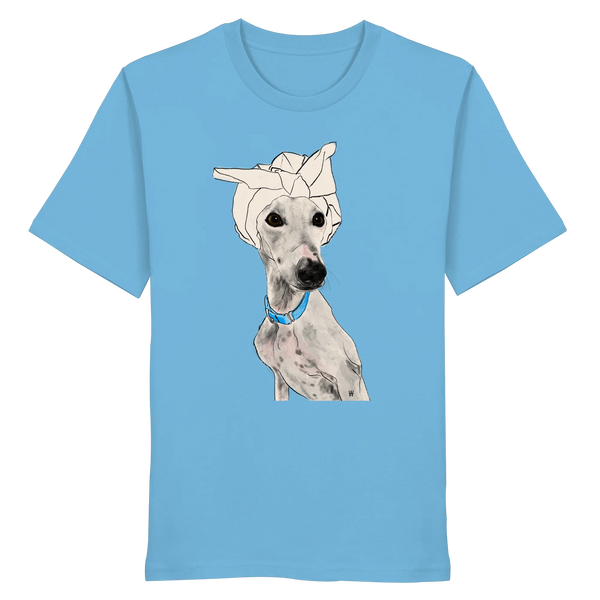 Handgezeichnetes Galgo-Motiv Zugewandt auf einem Bio-T-Shirt in Wasserblau