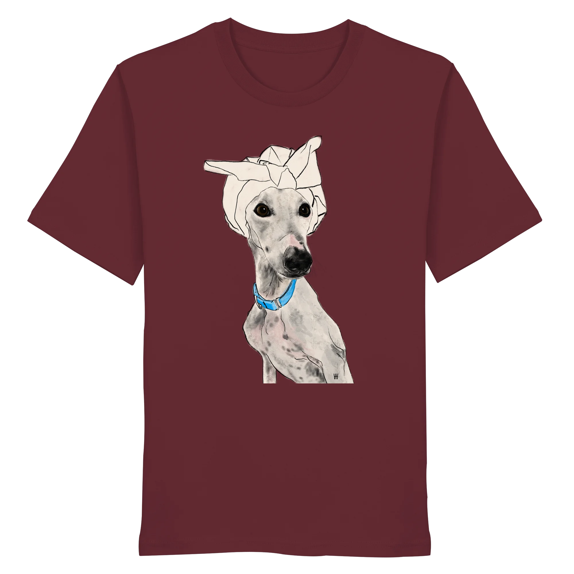 Handgezeichnetes Galgo-Motiv Zugewandt auf einem Bio-T-Shirt in Weinrot