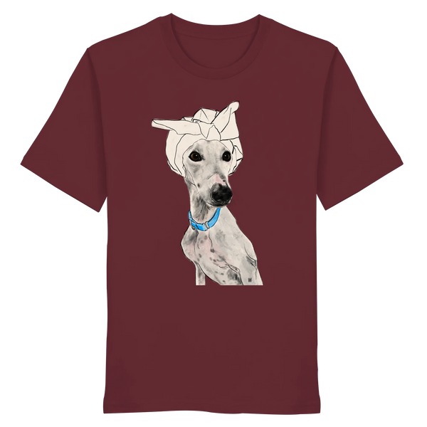 Handgezeichnetes Galgo-Motiv Zugewandt auf einem Bio-T-Shirt in Weinrot