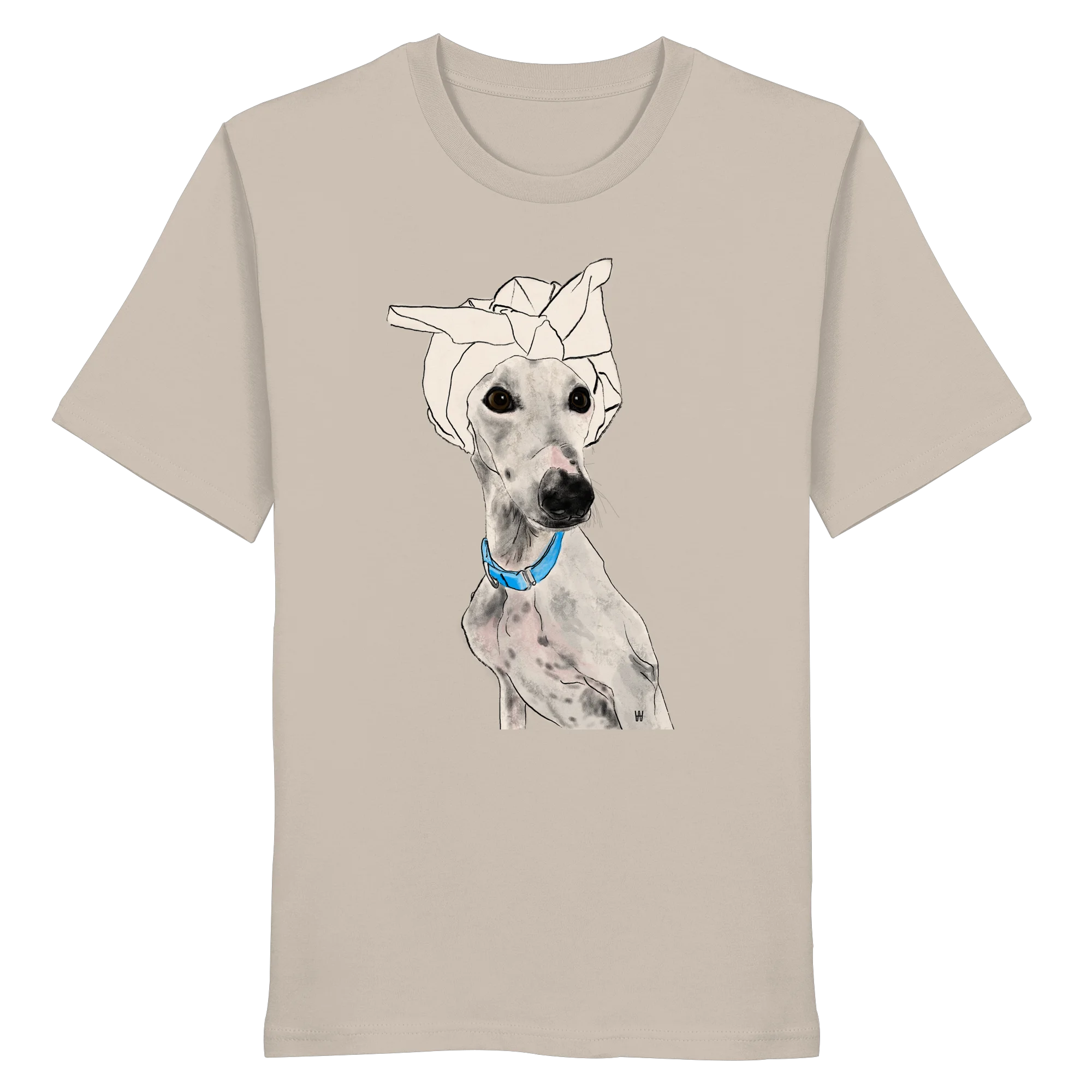 Handgezeichnetes Galgo-Motiv Zugewandt auf einem Bio-T-Shirt in Sandbeige