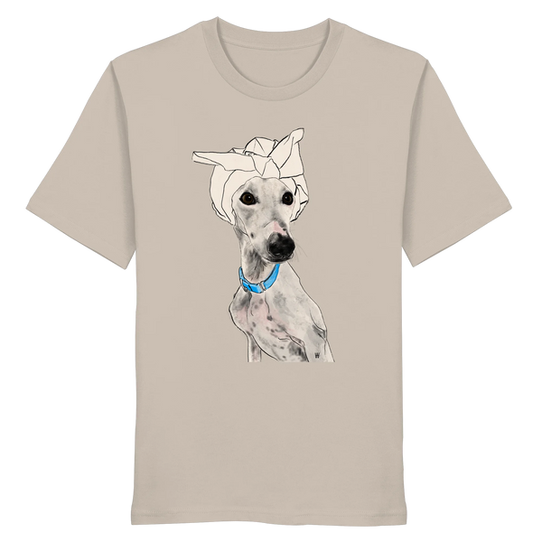 Handgezeichnetes Galgo-Motiv Zugewandt auf einem Bio-T-Shirt in Sandbeige