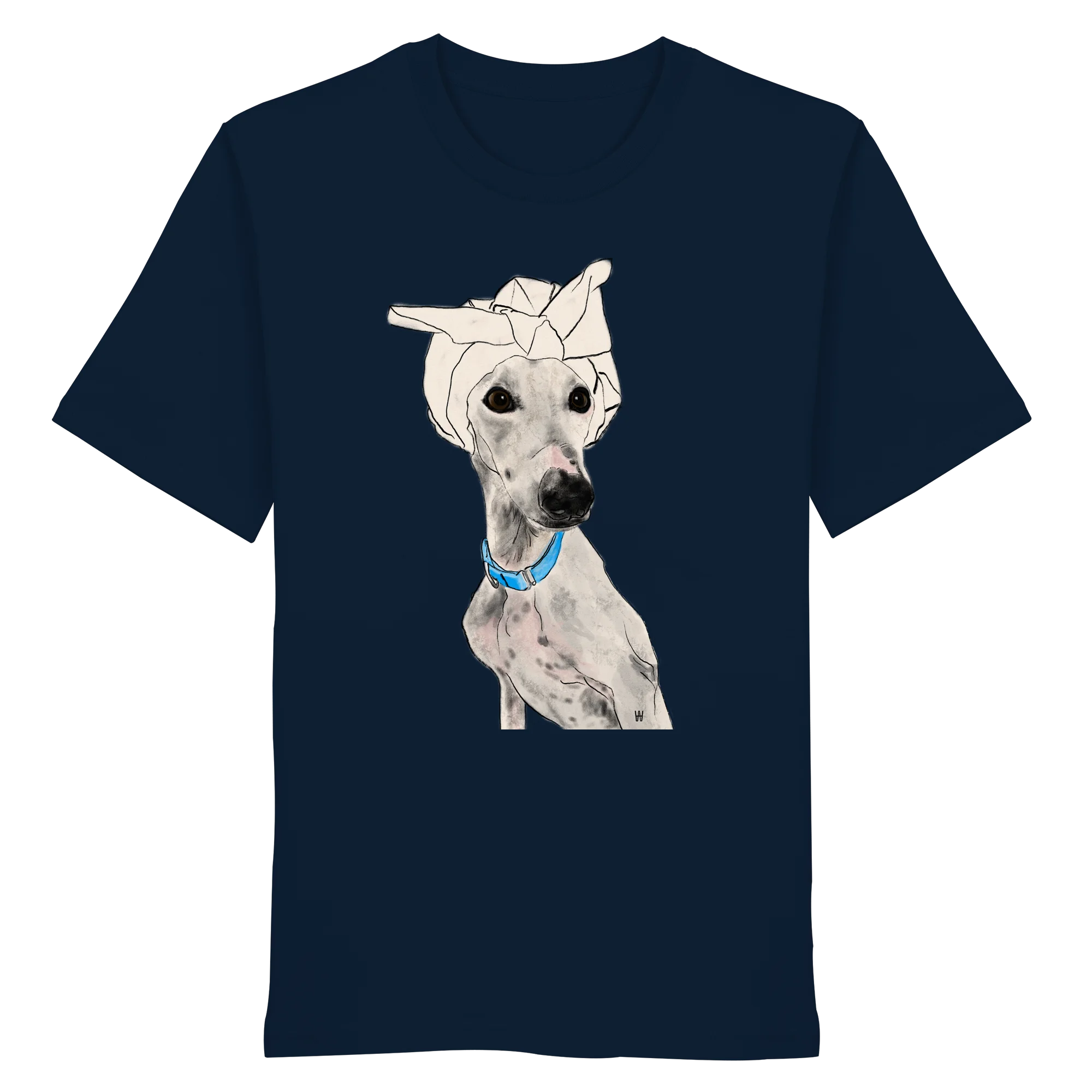 Handgezeichnetes Galgo-Motiv Zugewandt auf einem Bio-T-Shirt in Navy Blu