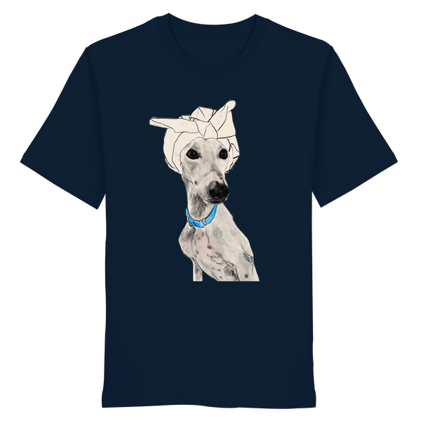 Handgezeichnetes Galgo-Motiv Zugewandt auf einem Bio-T-Shirt in Navy Blu