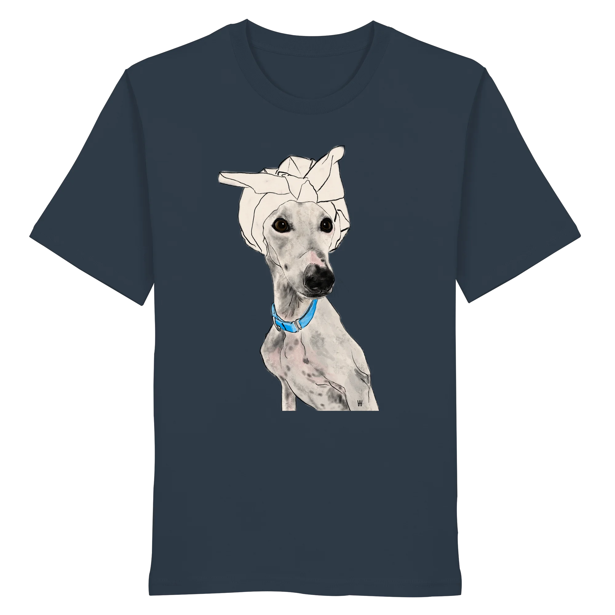 Handgezeichnetes Galgo-Motiv Zugewandt auf einem Bio-T-Shirt in Graublau
