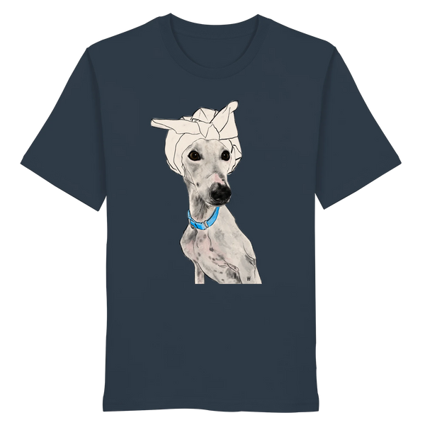 Handgezeichnetes Galgo-Motiv Zugewandt auf einem Bio-T-Shirt in Graublau
