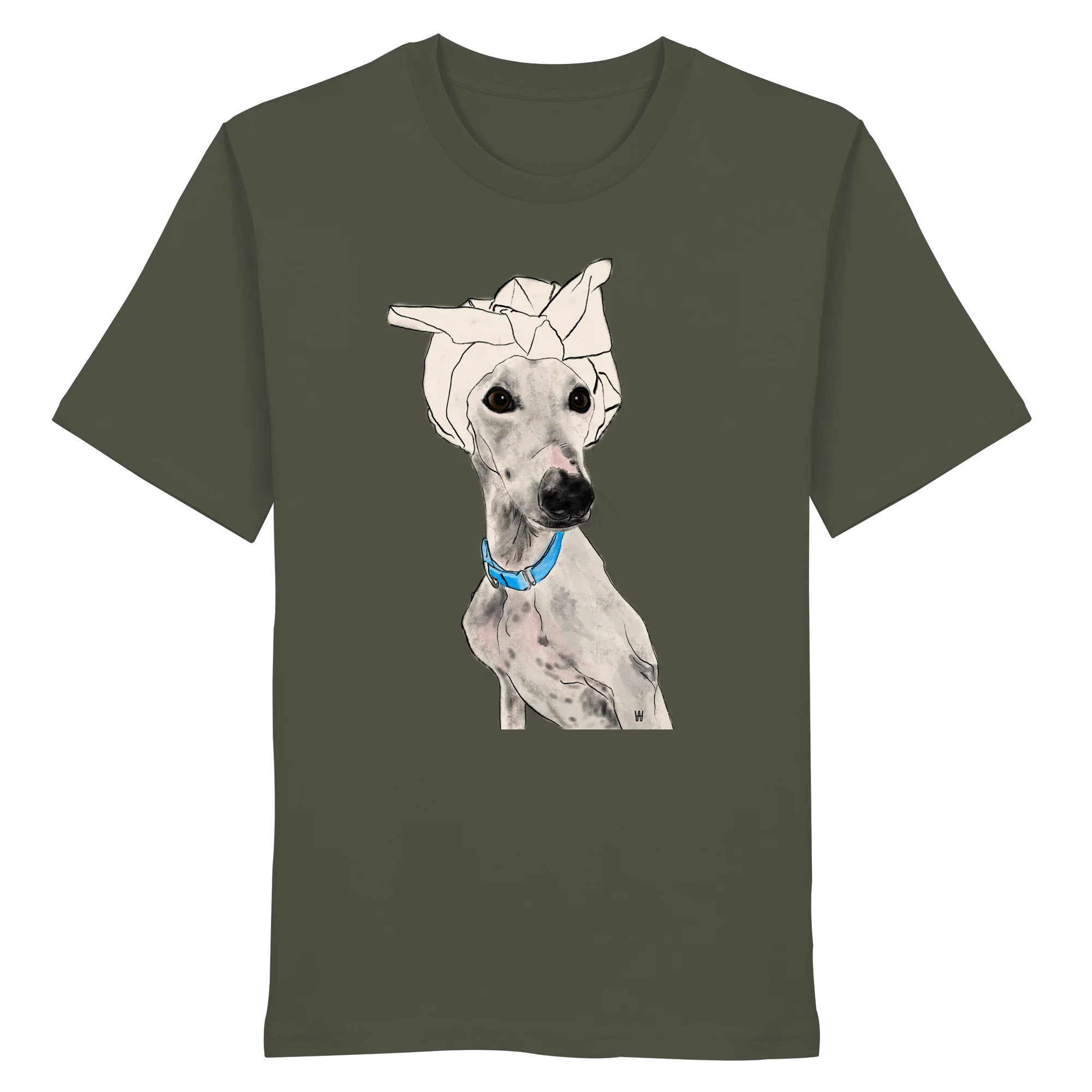 Handgezeichnetes Galgo-Motiv Zugewandt auf einem Bio-T-Shirt in Khaki