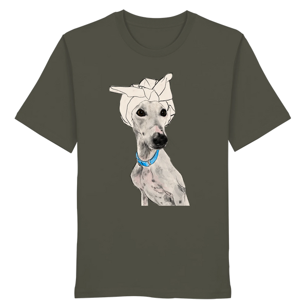 Handgezeichnetes Galgo-Motiv Zugewandt auf einem Bio-T-Shirt in Khaki