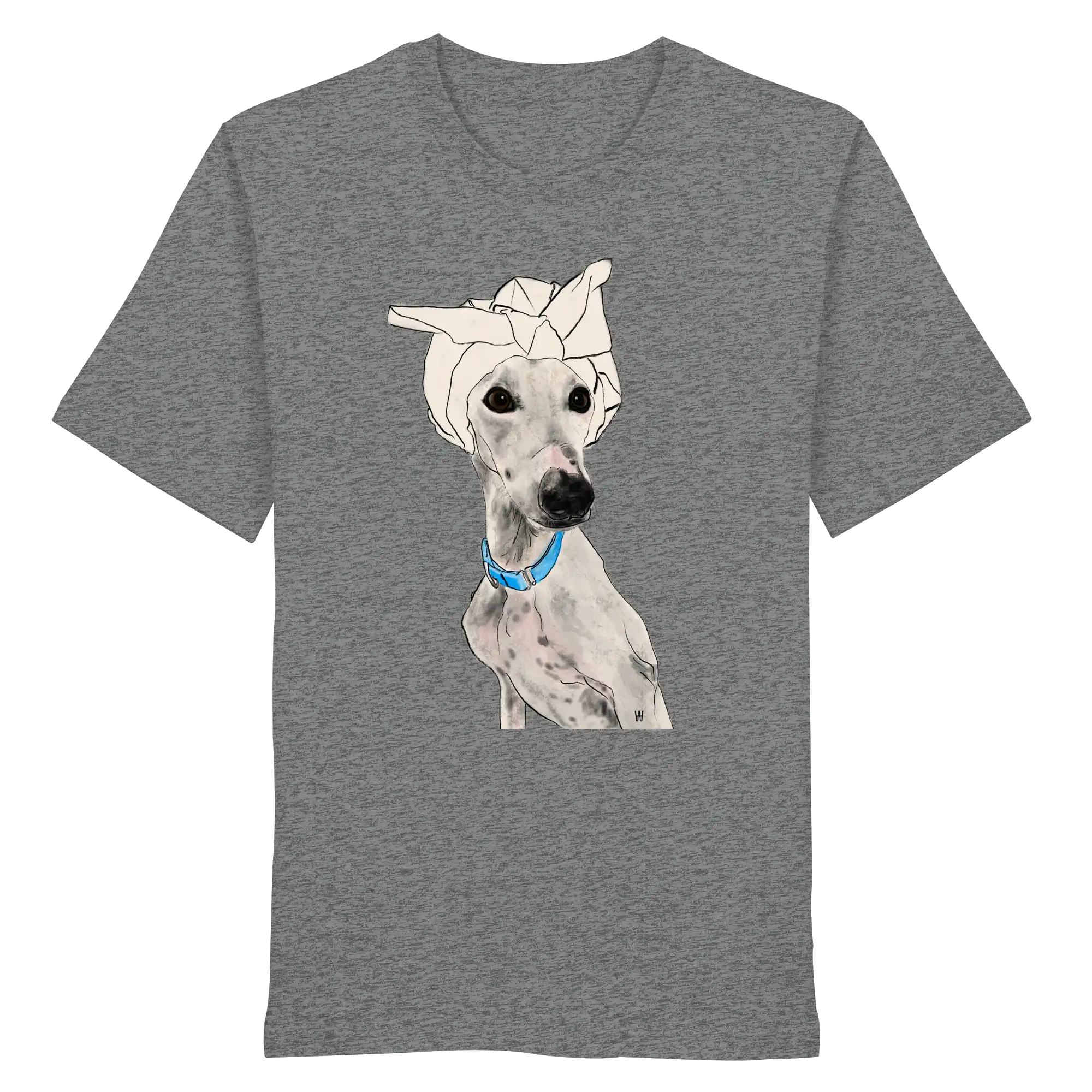 Handgezeichnetes Galgo-Motiv Zugewandt auf einem Bio-T-Shirt in Mittelgrau meliert
