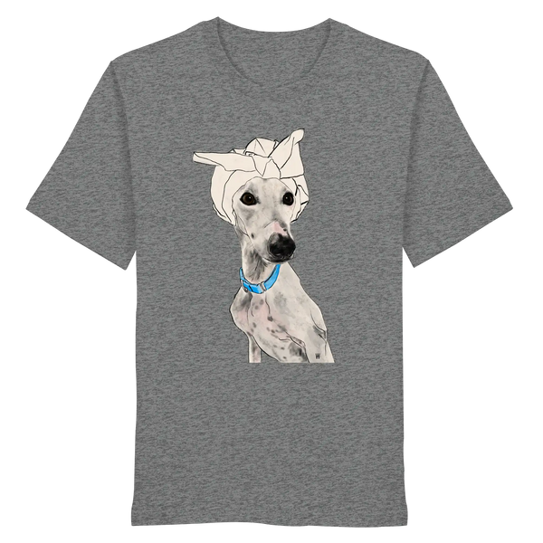 Handgezeichnetes Galgo-Motiv Zugewandt auf einem Bio-T-Shirt in Mittelgrau meliert