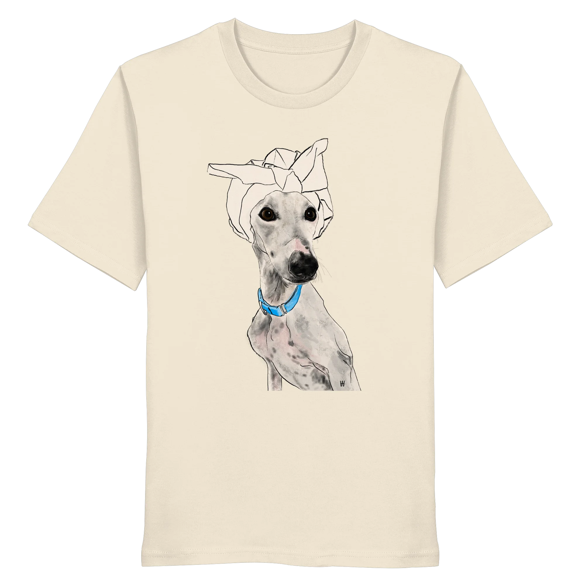 Handgezeichnetes Galgo-Motiv Zugewandt auf einem Bio-T-Shirt in Cremeweiß