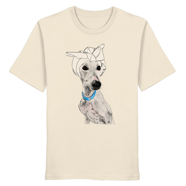Handgezeichnetes Galgo-Motiv Zugewandt auf einem Bio-T-Shirt in Cremeweiß