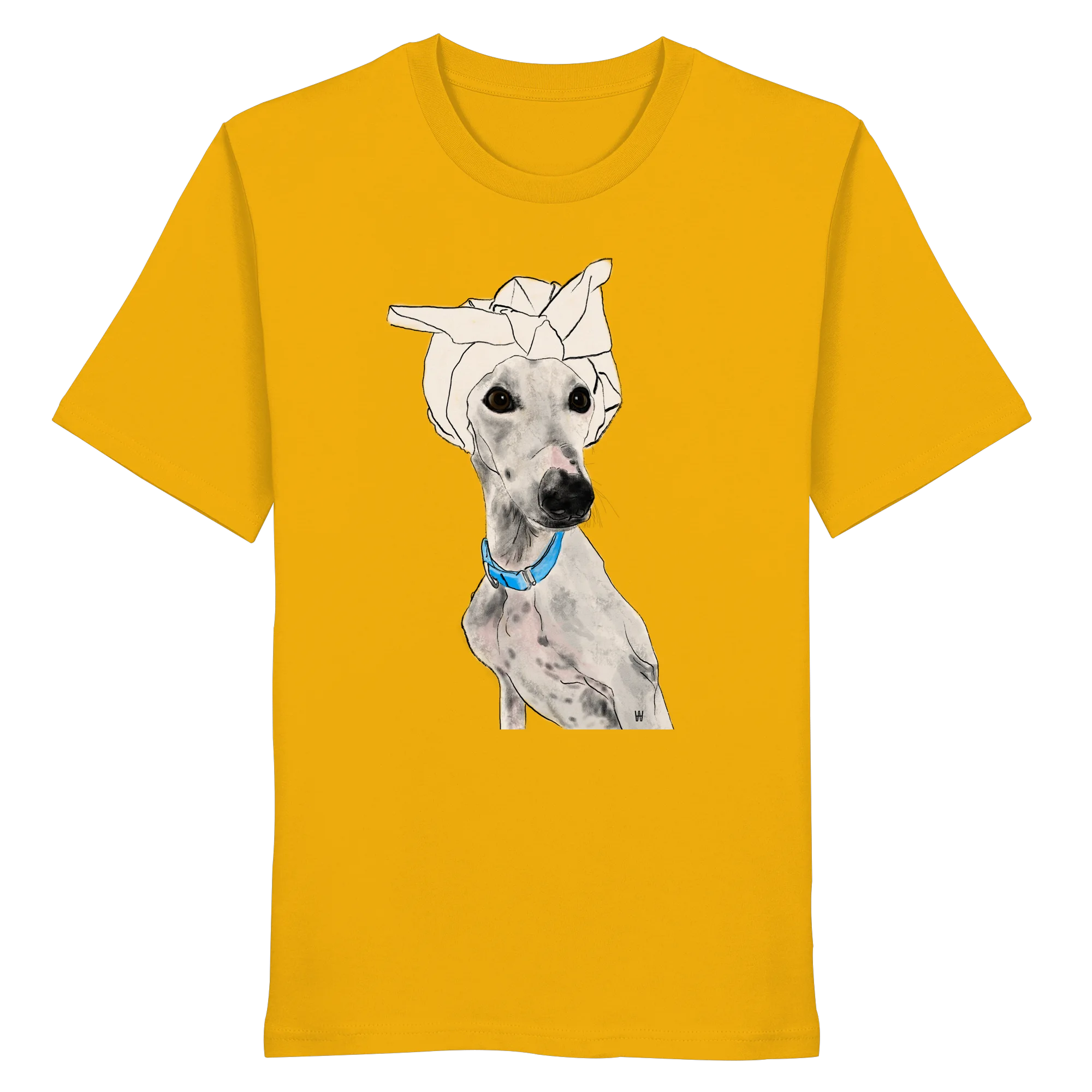 Handgezeichnetes Galgo-Motiv Zugewandt auf einem Bio-T-Shirt in Sonnengelb