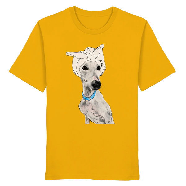 Handgezeichnetes Galgo-Motiv Zugewandt auf einem Bio-T-Shirt in Sonnengelb