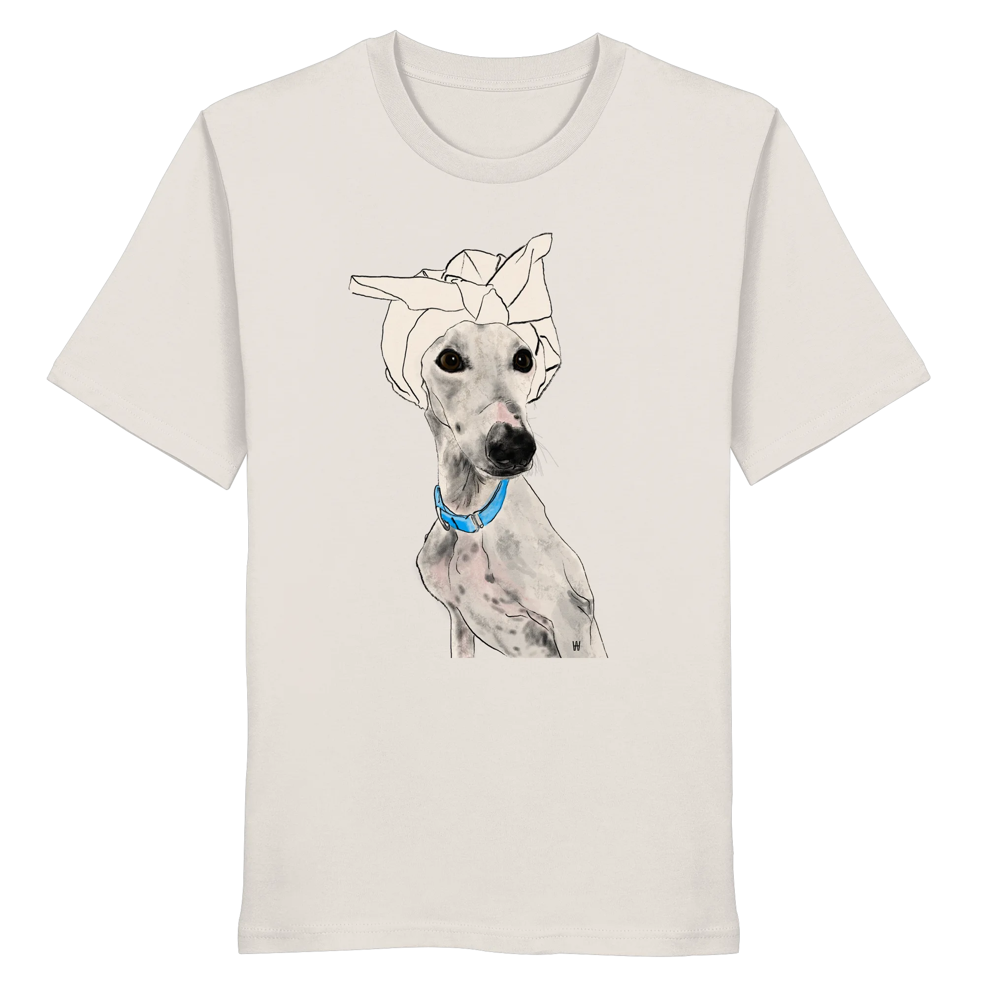 Handgezeichnetes Galgo-Motiv Zugewandt auf einem Bio-T-Shirt in Vintage White