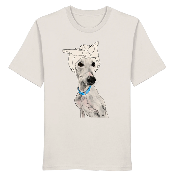 Handgezeichnetes Galgo-Motiv Zugewandt auf einem Bio-T-Shirt in Vintage White