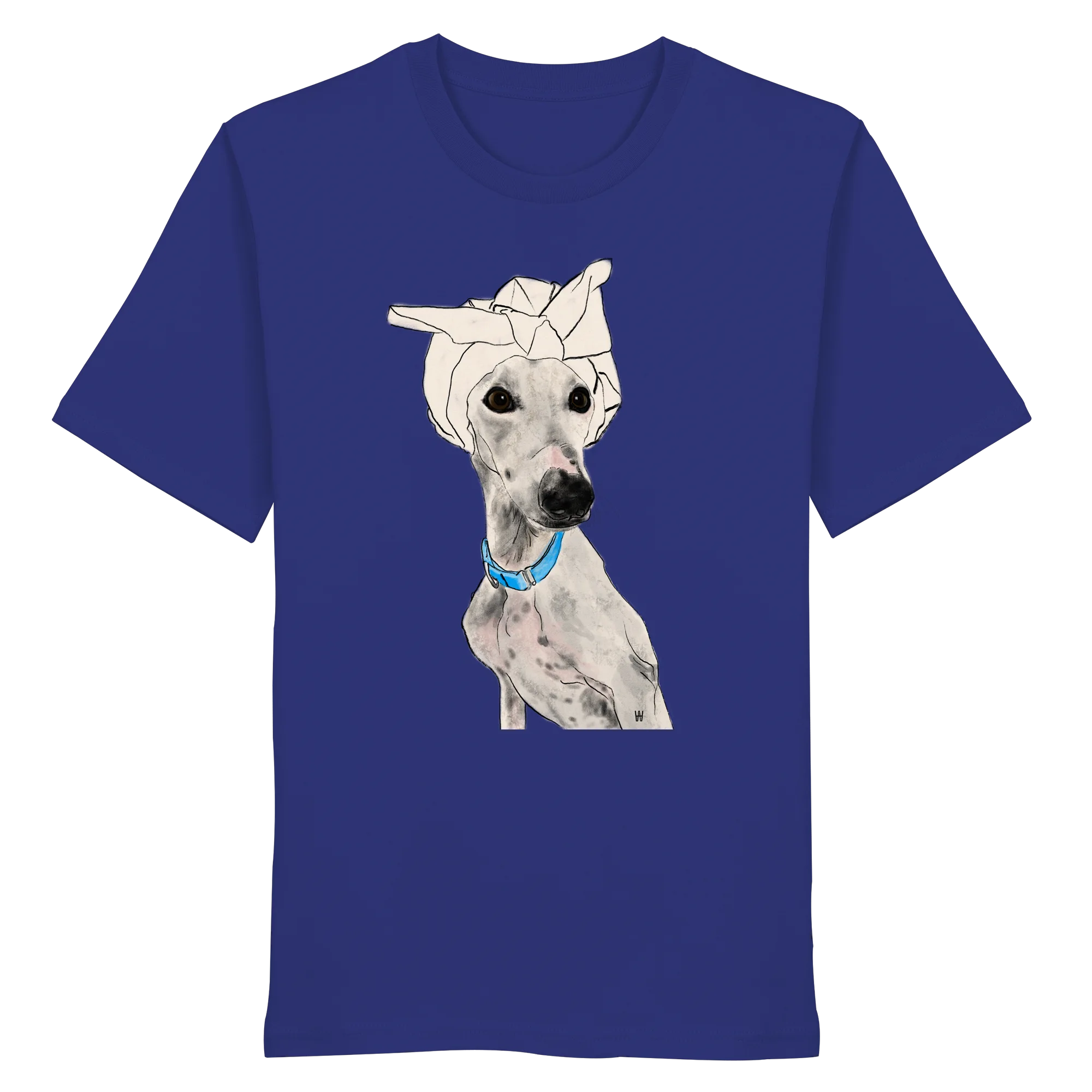 Handgezeichnetes Galgo-Motiv Zugewandt auf einem Bio-T-Shirt in Ultramarinblau