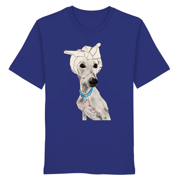 Handgezeichnetes Galgo-Motiv Zugewandt auf einem Bio-T-Shirt in Ultramarinblau