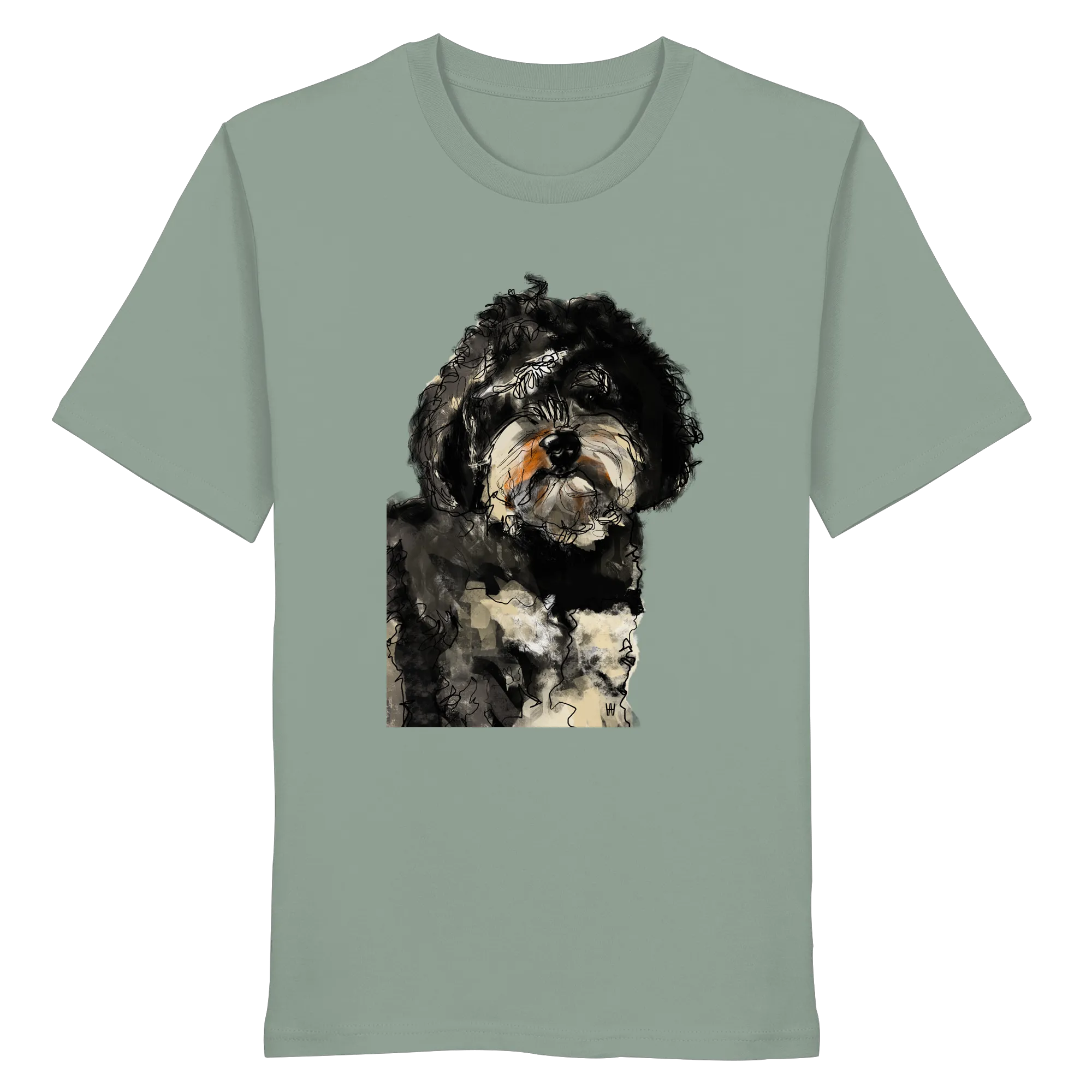 Handgezeichnete Havapoo-Illustration "Wuschel" auf einem salbeigrünen Bio-T-Shirt.