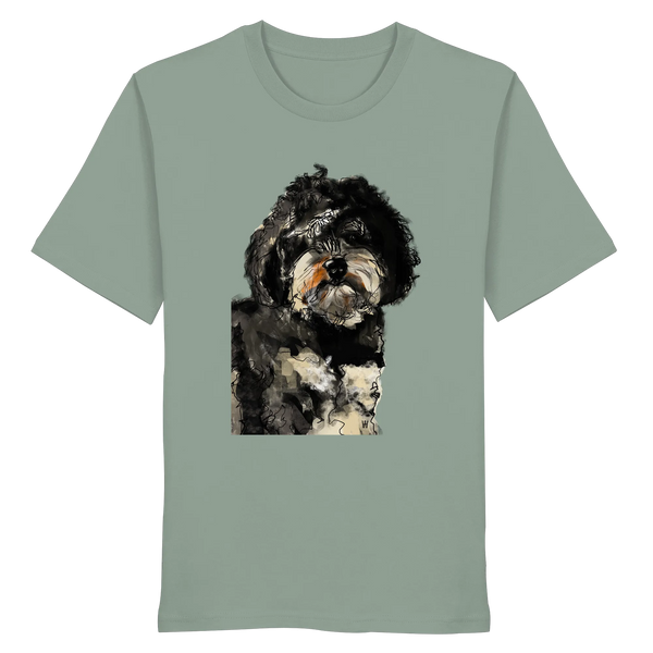 Handgezeichnete Havapoo-Illustration "Wuschel" auf einem salbeigrünen Bio-T-Shirt.