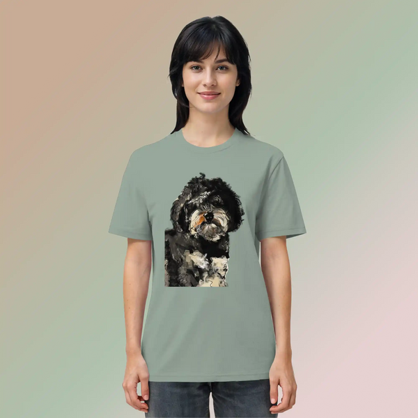 Junge, hübsche Frau trägt handgezeichnete Havapoo-Illustration "Wuschel" auf einem salbeigrünen Bio-T-Shirt vor einem zarten Farbverlauf.