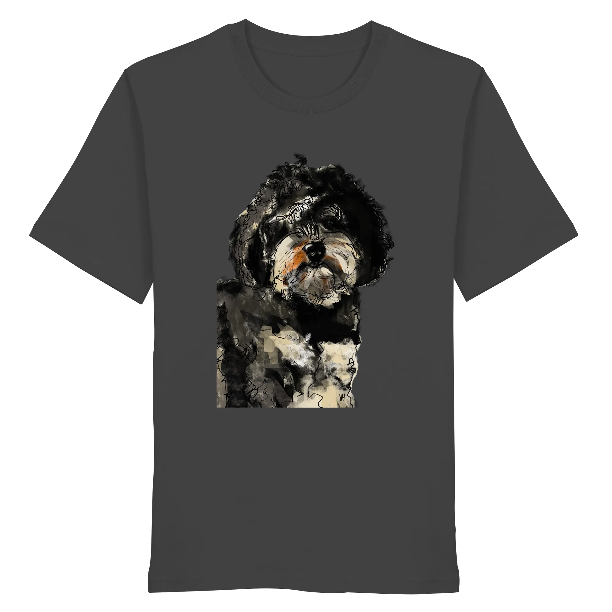 Handgezeichnete Havapoo-Illustration "Wuschel" auf einem dunkelgrauen Bio-T-Shirt.