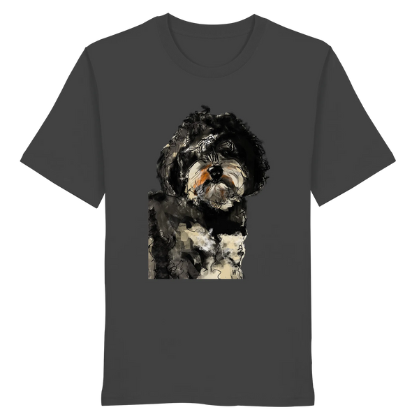 Handgezeichnete Havapoo-Illustration "Wuschel" auf einem dunkelgrauen Bio-T-Shirt.