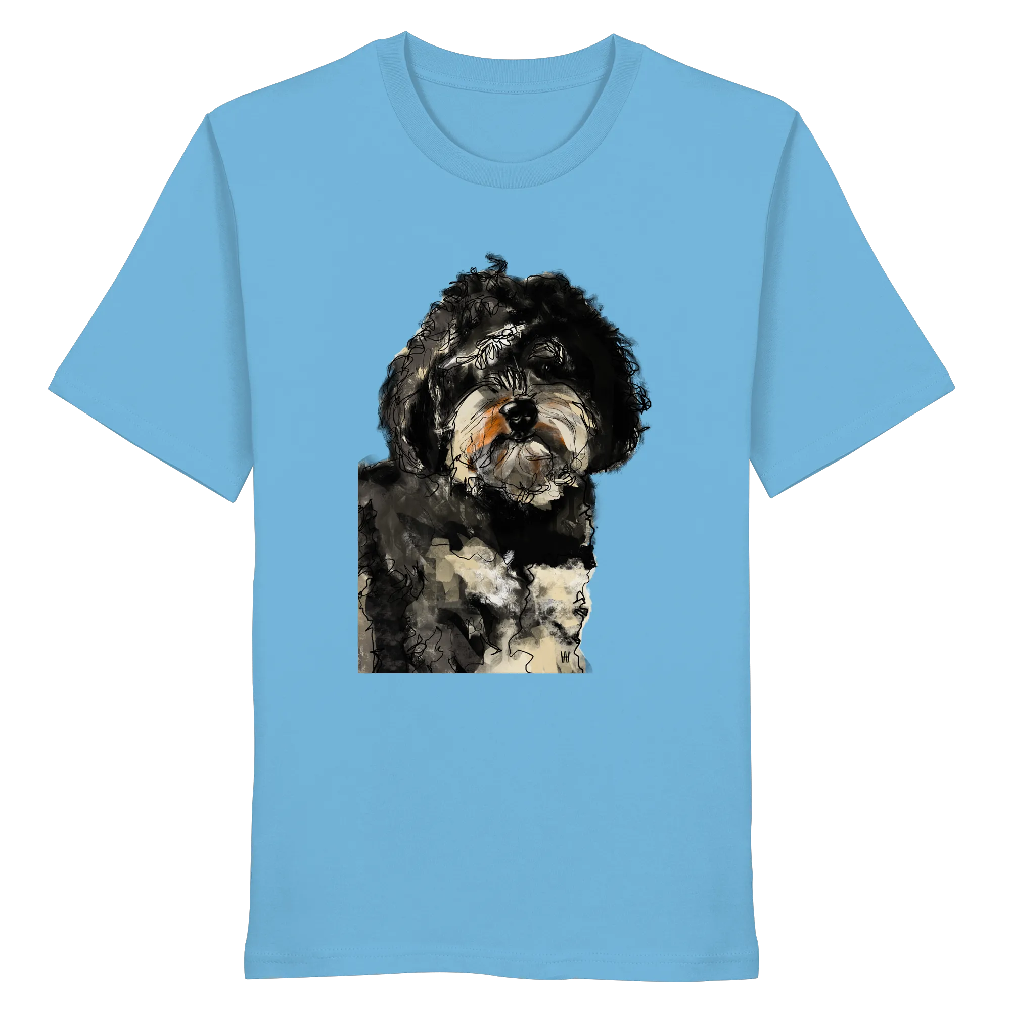 Handgezeichnete Havapoo-Illustration "Wuschel" auf einem mittelblauen Bio-T-Shirt.