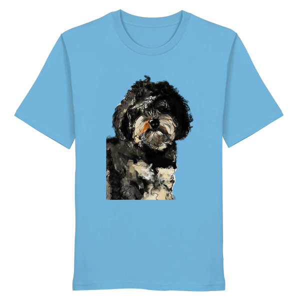 Handgezeichnete Havapoo-Illustration "Wuschel" auf einem mittelblauen Bio-T-Shirt.