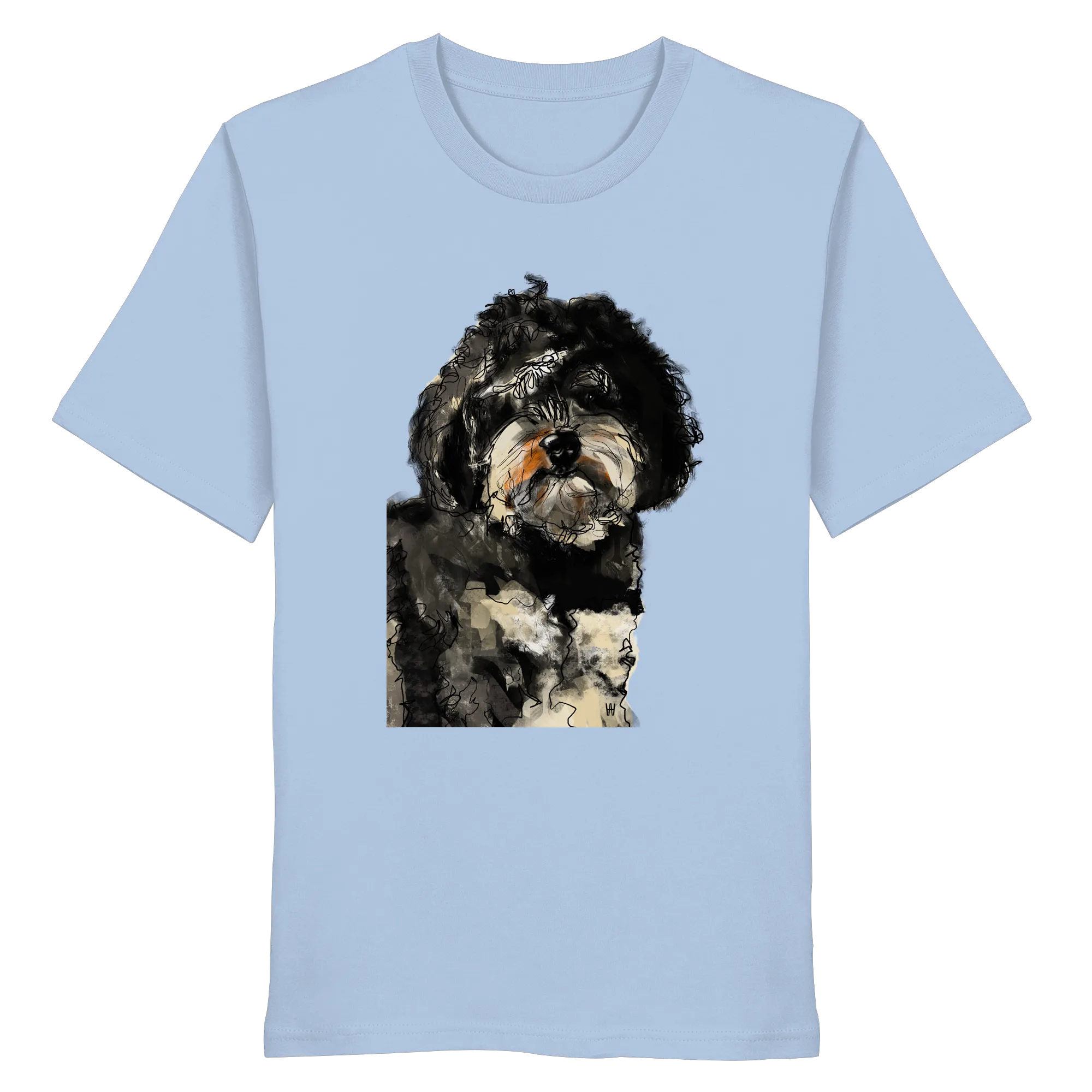 Handgezeichnete Havapoo-Illustration "Wuschel" auf einem hellblauen Bio-T-Shirt.